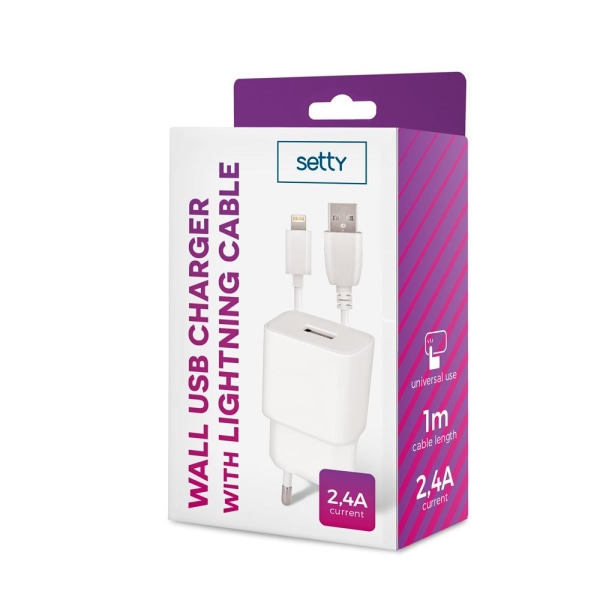 iPhone 2.4 Amp hurtigoplader vægoplader med Lightning-kabel White