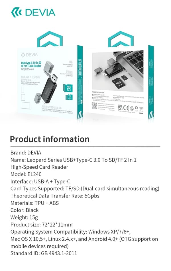 Devia Leopard Series USB+Type-C 3.0 till SD/TF 2-i-1 Höghastighets Kortläsare card reader Black