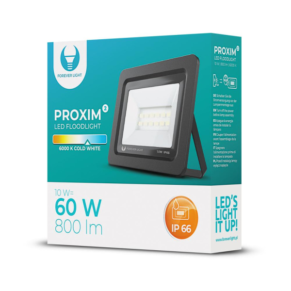 Forever PROXIM II 10W |6000K| IP66 LED Floodlight  - Kallvit Svart