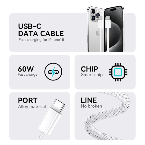 60W USB-C To USB-C PD Snabbladdning kabel iPhone15/16, Samsung Vit