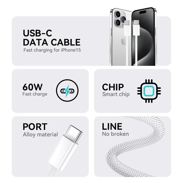 iPhone 18/17/16/15-kompatibla 60W USB-C To USB-C PD Snabbladdning kabel Vit