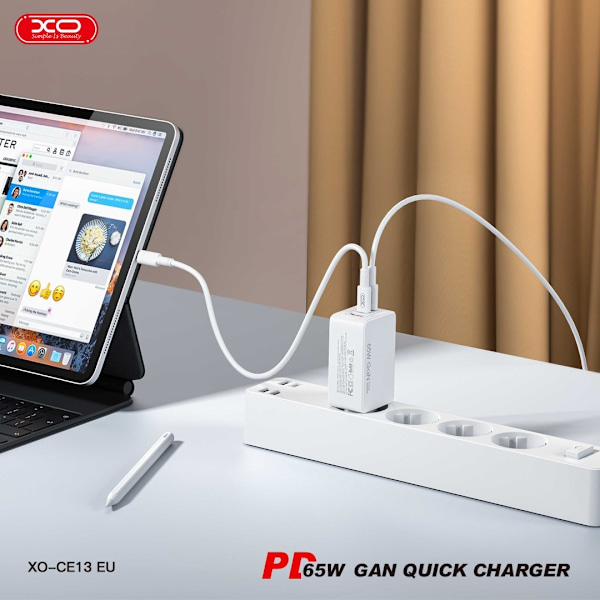 Snabbladdare för iPhone / iPad / Samsung 65W PD Dual USB-C, USB Väggladdare White