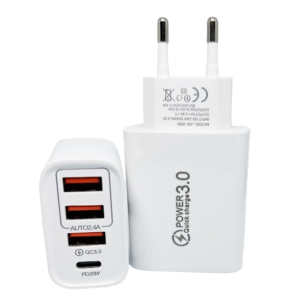 iPhone, Samsung QC3.0 Snabb 17w Väggladdare 1xUSB-C 3xUSB Vit White