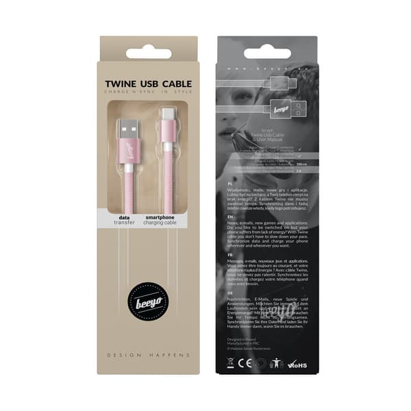 Beeyo USB-C 2Amp Twine Laddningskabel - Rosa Pink