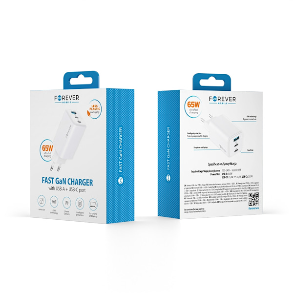 65W Snabbladdare PD Dual USB-C, USB för iPhone, Samsung, iPad White