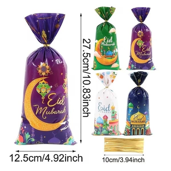 10-Pack Eid Mubarak Presentpåsar – Färgglada Godispåsar med Snören Multicolor