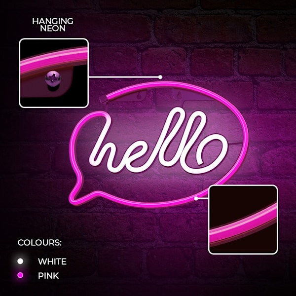 Neon LED Hello Batteri + USB Forever Light Rosa/vit multifärg