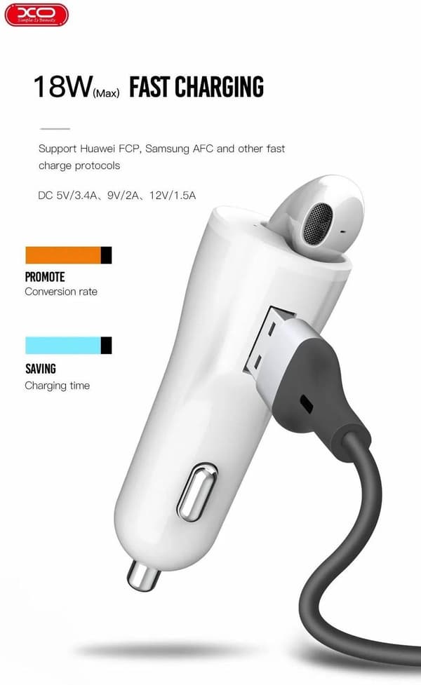 18W Snabb Billaddare med TWS Bluetooth 5.0 Hörlurar - Vit White