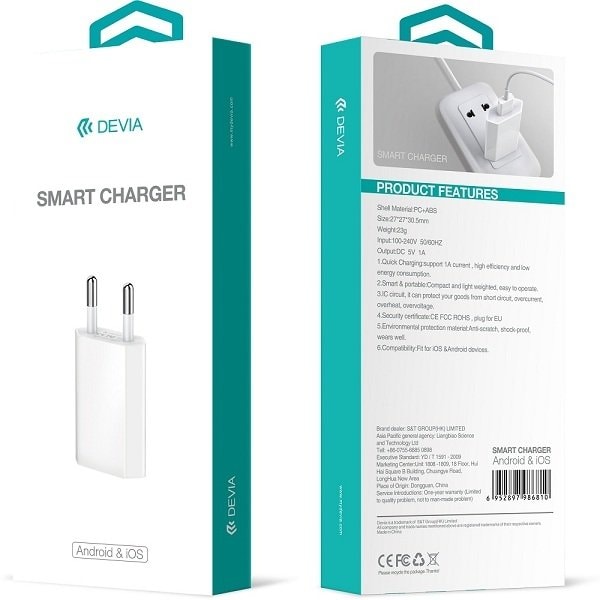Devia Smart Charger 1A Väggladdare USB – För iPhone, Samsung & Android Vit