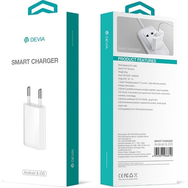 iPhone, Samsung Smart Charger 1Amp vægoplader - Devia Hvid White