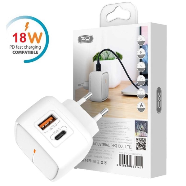 Hurtigoplader 18W PD USB-C til iPhone 11/12/13/14, Samsung White