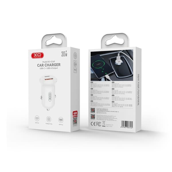 Snabb billaddare XO 30W USB-C PD / USB QC3.0 För iPhone, Samsung Vit Vit