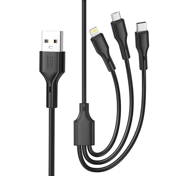 3i1 snabb USB till Lightning + USB-C + microUSB-kabel, 1,0m 2,4A Black