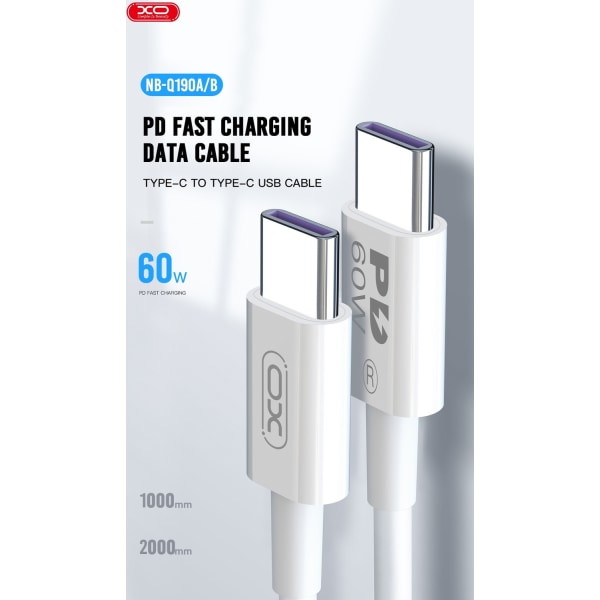 60 W USB-C - USB-C PD 2m Pikalatauskaapeli Samsung, iPhone White