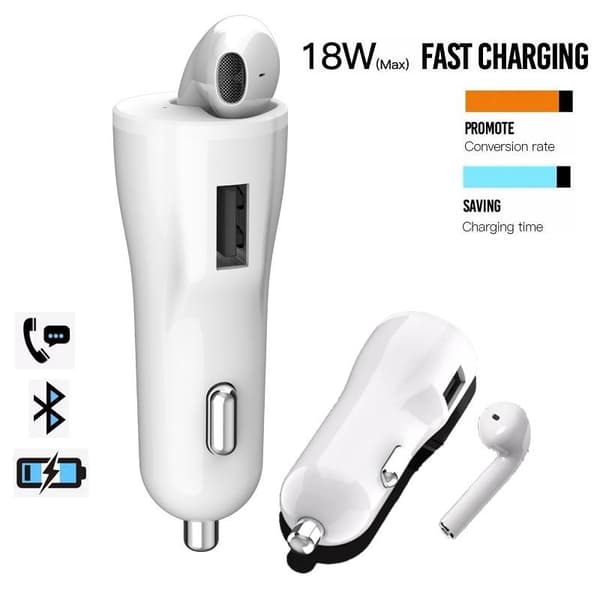 18W Snabb Billaddare med TWS Bluetooth 5.0 Hörlurar - Vit White