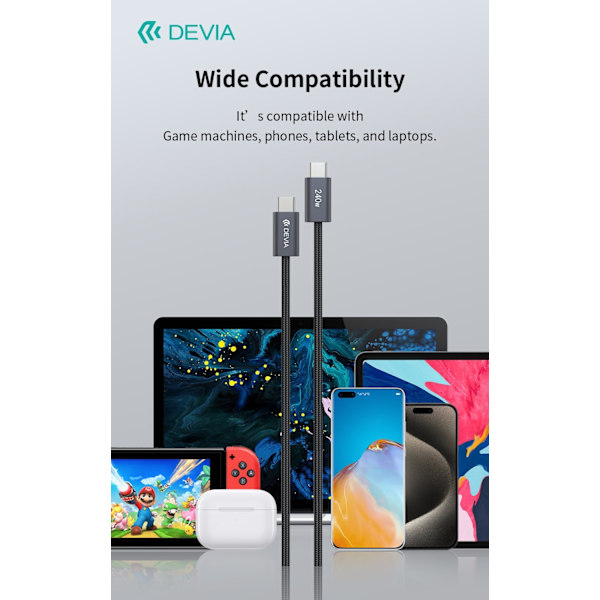 240W Devia Extreme Snabbladdning USB-C till USB-C-kabel – 2m Svart