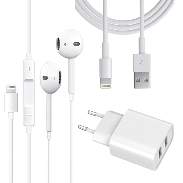 Dual Port Snabbladdare + Lightning -kabel + Hörlur med Lightning -kontakt Vit