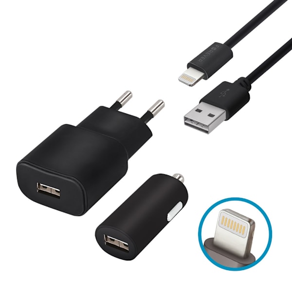 FOREVER Vægoplader + Lightning kabel + Biloplader Black