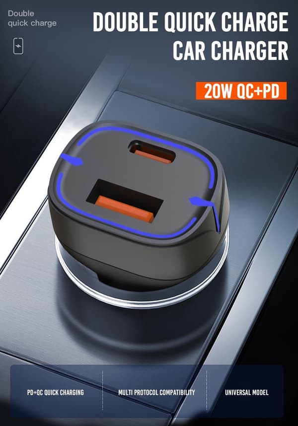 20W USB-C PD 3.0 / USB QC3.0 Snabb Billaddare För iPhone, Samsung Black