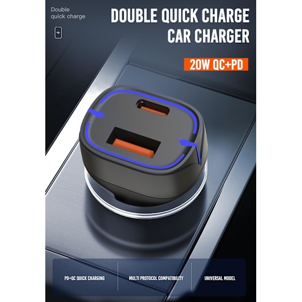 USB-C PD 3.0 / USB QC3.0 Billaddare 20W För iPhone, Samsung Svart