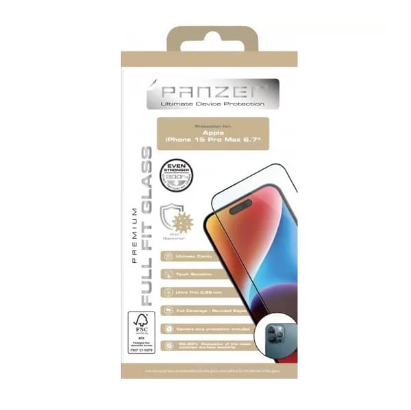 PANZER® Skärmskydd för iPhone 15 Pro Max – Premium Silicate Full-Fit Glas 9H Transparent
