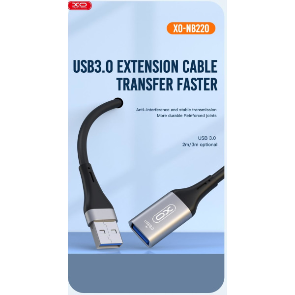 USB-A-naaras-USB-A-uros XO-pika jatkokaapeli USB3.0 -3m Black