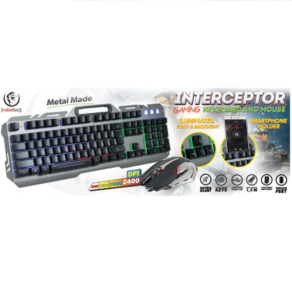Rebeltec INTERCEPTOR Gaming LED Tangentbord + Optisk Mus - METAL grå