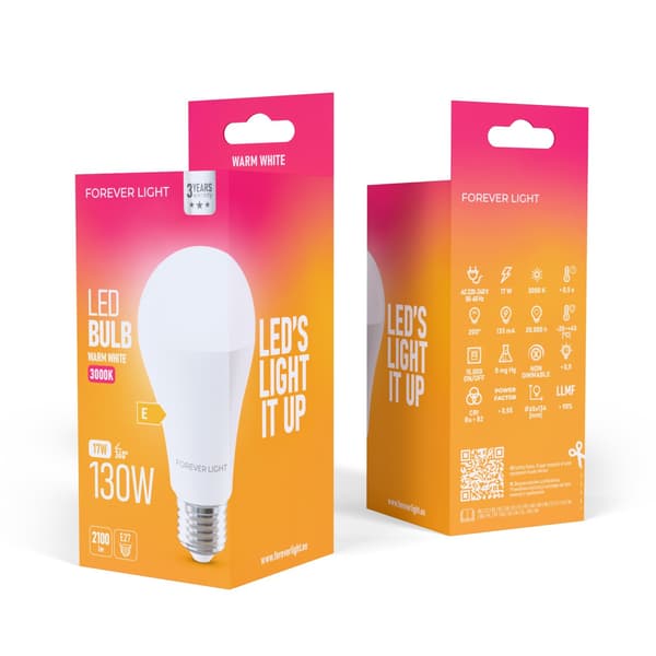 [2-PACK] Forever Light LED E27 A65 Glödlampa 17W 2100lm 3000K Varmvit 130W Ekvivalent Vit