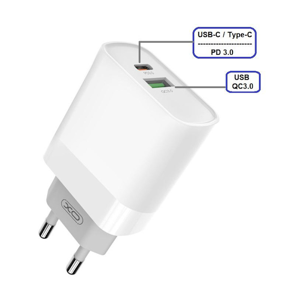 Snabbladdare för iPhone / Samsung 18W PD USB-C Väggladdare Vit