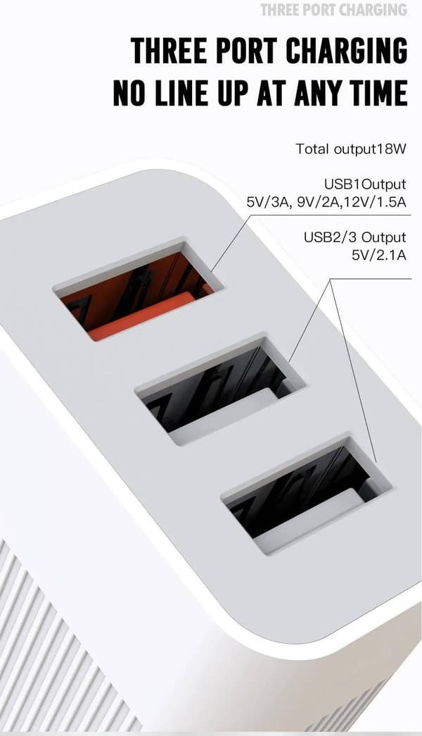 iPhone Samsung QC18W Hurtig opladning Vægoplader 3xUSB White