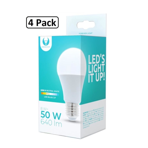 4 kpl Forever Natural White LED-lamppu E27 8W 640lm (4500K) White