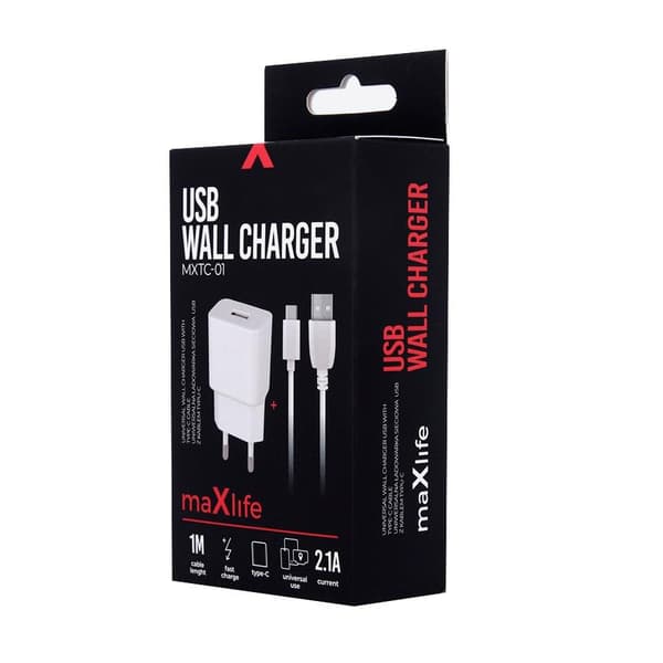 Maxlife Väggladdare 2.1A med USB-C/Type-C Kabel – För iPhone, Samsung & Android Vit
