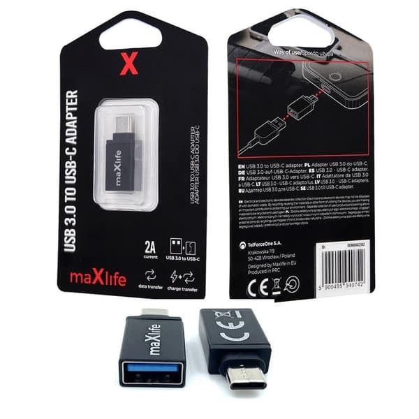 Maxlife USB 3.0 till USB-C Adapter OTG – Snabb Dataöverföring & Laddning 2A Svart
