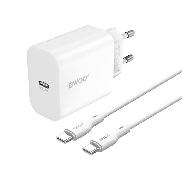 BWOO USB-C Snabbladdare med USB-C Kabel för – iPhone, Samsung & Android White