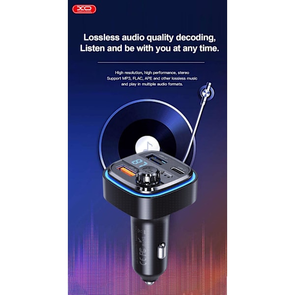 Bluetooth FM Sändare Billaddare med 1 X USBC, 2XUSB-laddning Svart