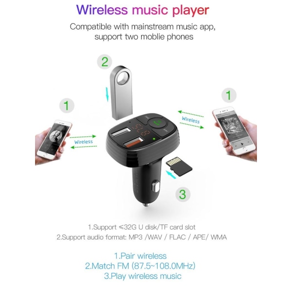 QC 3.0 Bluetooth FM-lähetin MP3 2USB autolaturi Devia Black