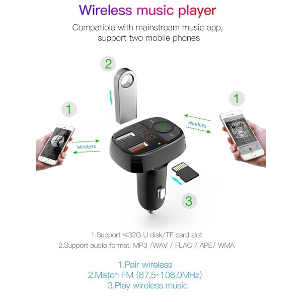 QC 3.0 Bluetooth FM Sändare MP3 2USB Billaddare Devia Black