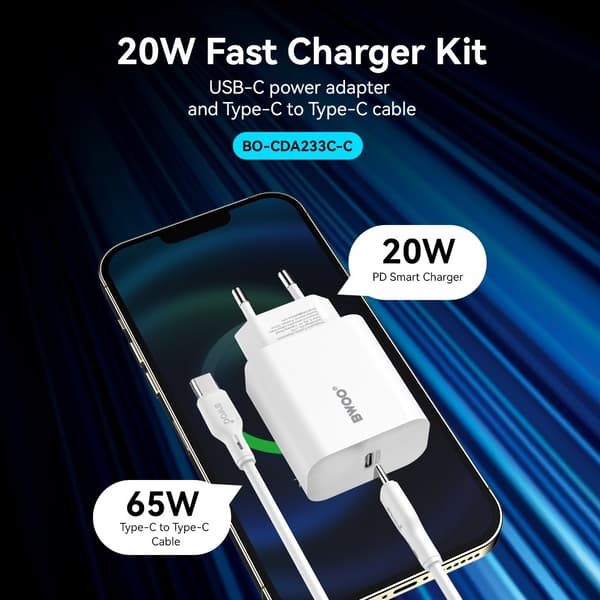 BWOO USB-C Snabbladdare med USB-C Kabel för – iPhone, Samsung & Android White