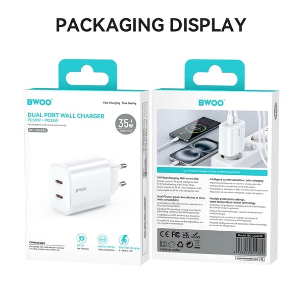 Snabbladdare för iPhone / Samsung QC 35W PD 2XUSB-C Väggladdare White