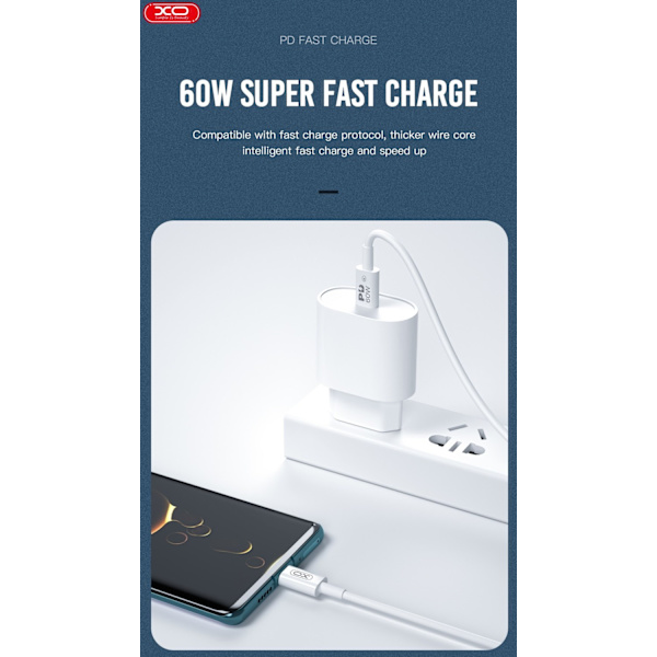 60W USB-C To USB-C PD 2m Snabbladdning kabel Samsung, iPhone 15/16 White