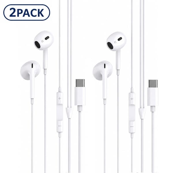2-Pack USB-C In-Ear Hörlurar med Mikrofon för iPhone 18/17/16/15, Samsung & USB-C Enheter Vit