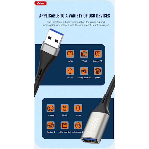 USB-A Hona till USB-A Hane Förlängningskabel XO NB219 USB2.0 3m Svart