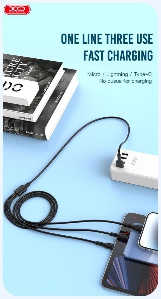 3-i-1 USB Laddkabel 1m 3A – Lightning, USB-C & Micro USB | XO NB230 Black