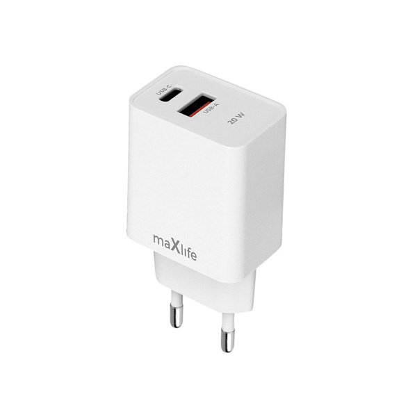 Maxlife 20W Snabbladdare PD/QC – USB-C & USB-A | iPhone, Samsung, Android | Vit Vit
