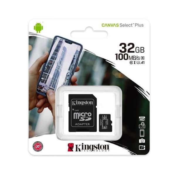 32GB Kingston microSDHC Class-10 UHS-1 Hukommelseskort + Adapter Black