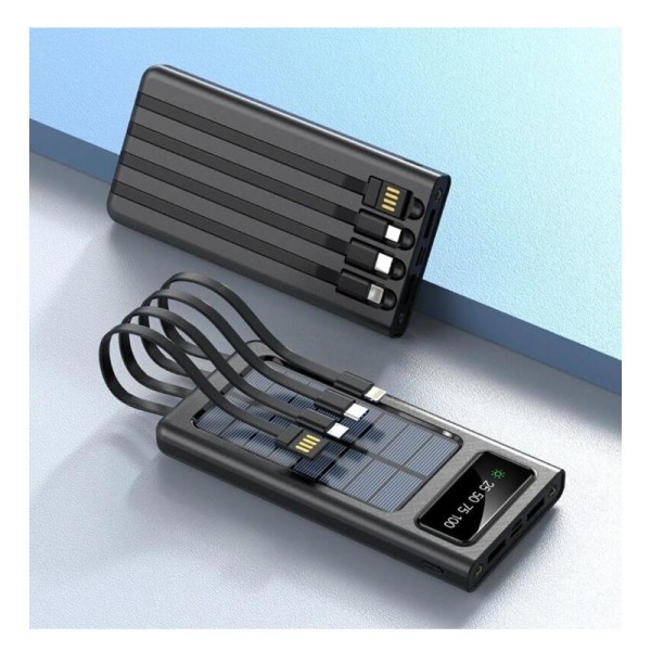 10000mAh Powerbank aurinkoenergia USB microUSB USB-C Lightning kaapeli Black
