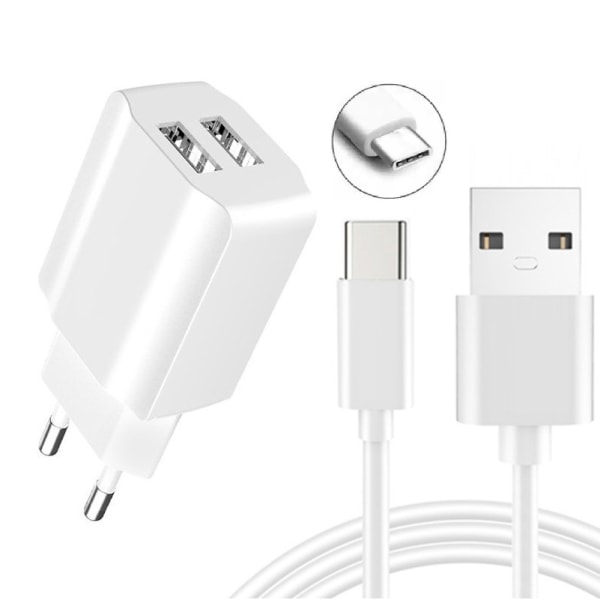 Snabbladdning 2xUSB Väggadapter + USB-C Kabel, Samsung, Android Vit