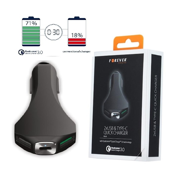 USB-C, Dual USB OC-3.0 Billaddare FOREVER iPhone/Android Svart
