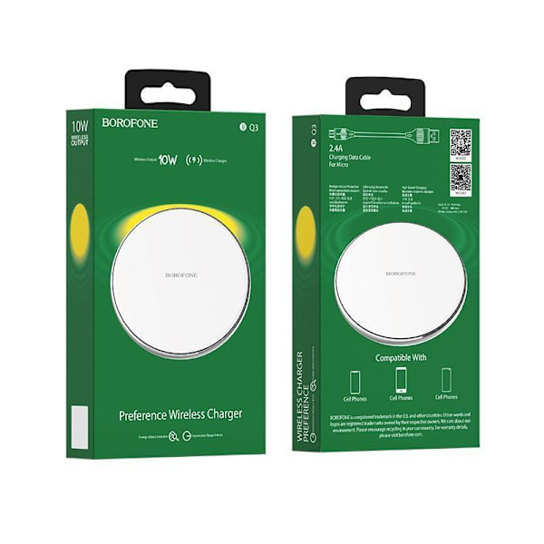 Borofone Preference QI 10W trådløs oplader til iPhone / Android Silver