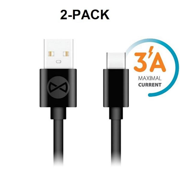 2-PACK Hurtigopladning 1M USB-C 3Amp kabeloplader / Dataoverførsel Black